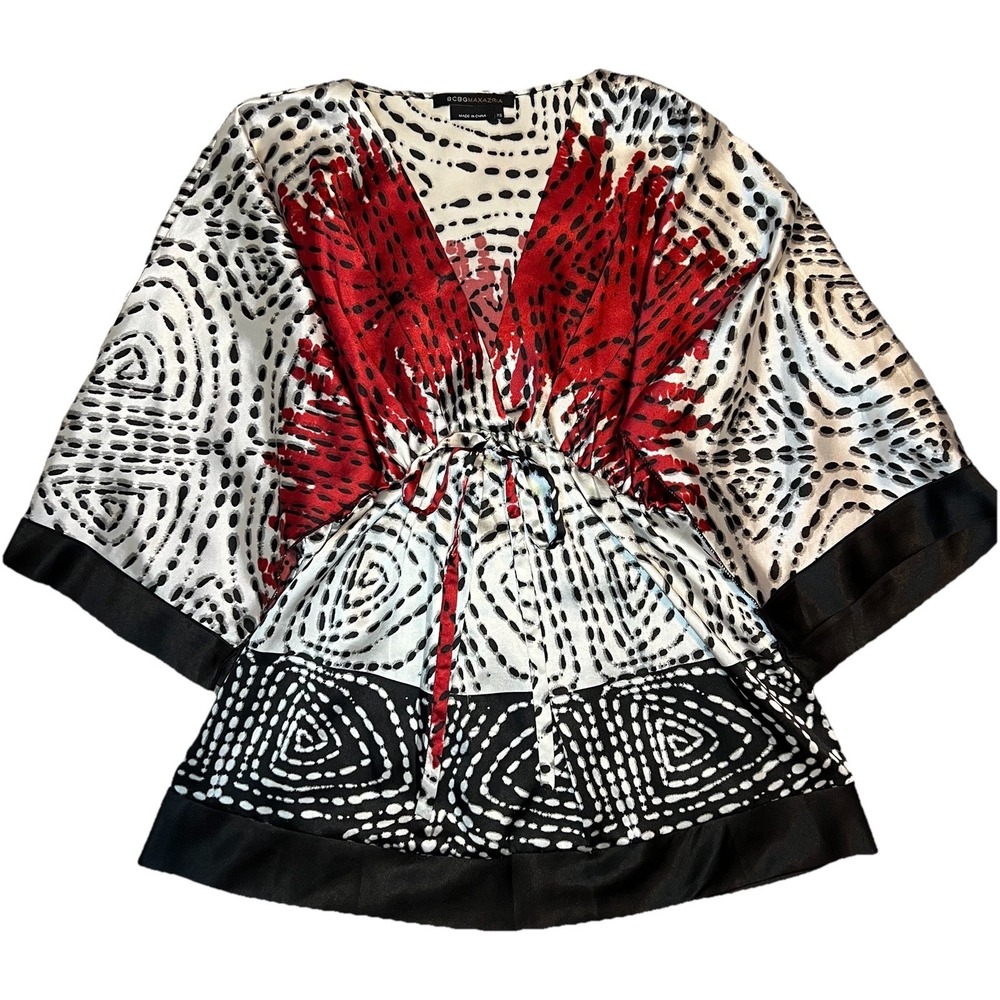 Y2K BCBGMAXAZRIA Satin Kimono Style Top Tie Waist XS Geometric Grunge Babydoll